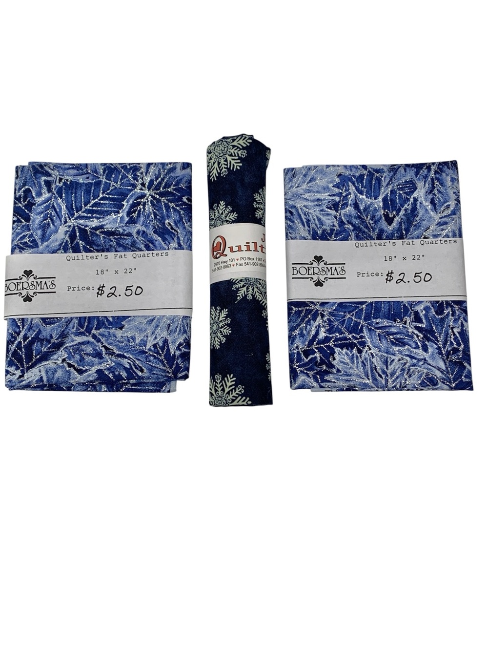 Snowflake & Winter Leaves Cotton Fabric Fat Quarter Bundle 3pk Blue White Silver